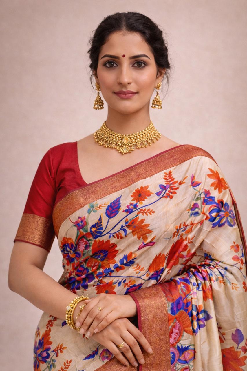 Off-White Hand-Painted Pure Tussar Silk Saree – Silk Mark Certified