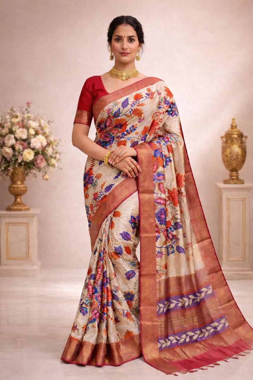 Off-White Hand-Painted Pure Tussar Silk Saree – Silk Mark Certified