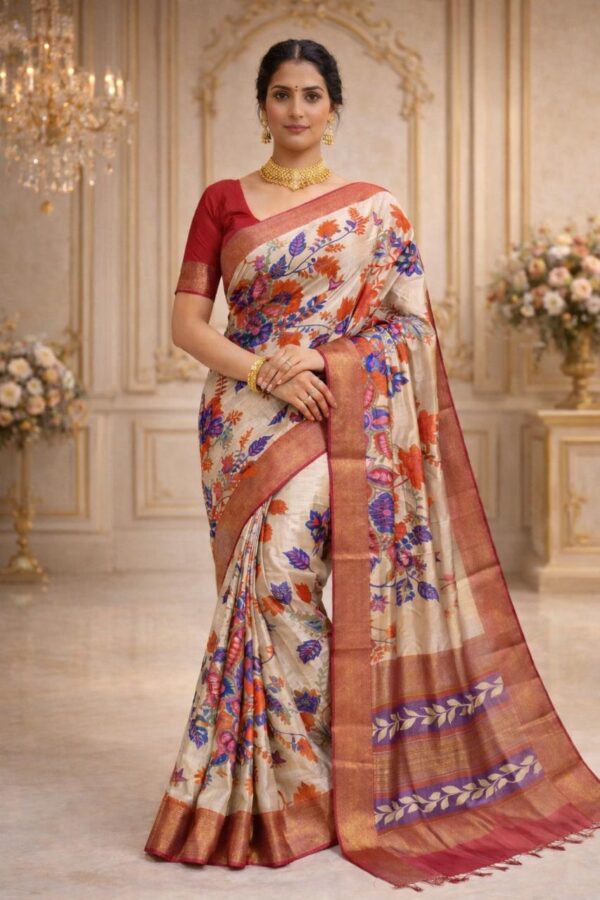 Off-White Hand-Painted Pure Tussar Silk Saree – Silk Mark Certified