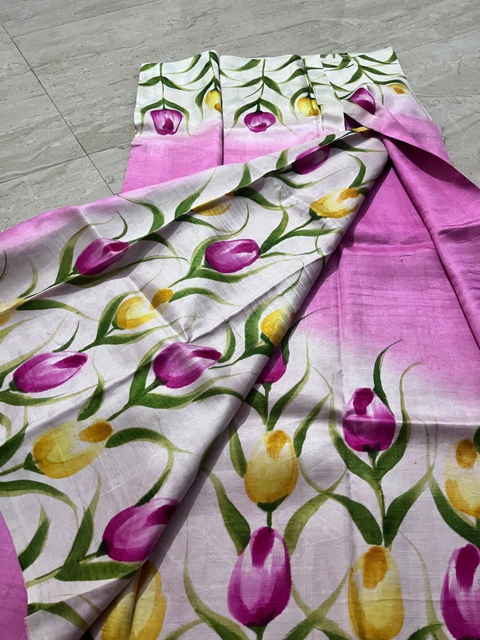 Pink Hand-Painted Tulip & Lotus Pure Silk Saree – Silk Mark Certified