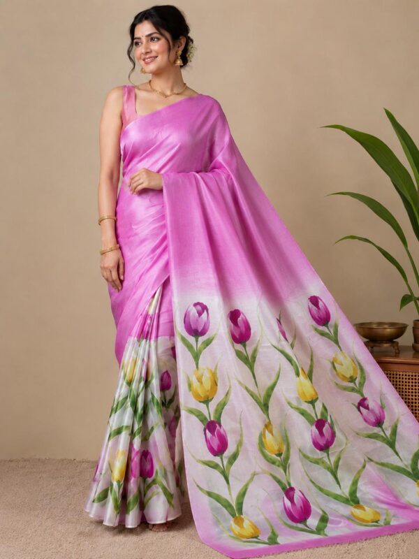 Woman in pink floral saree