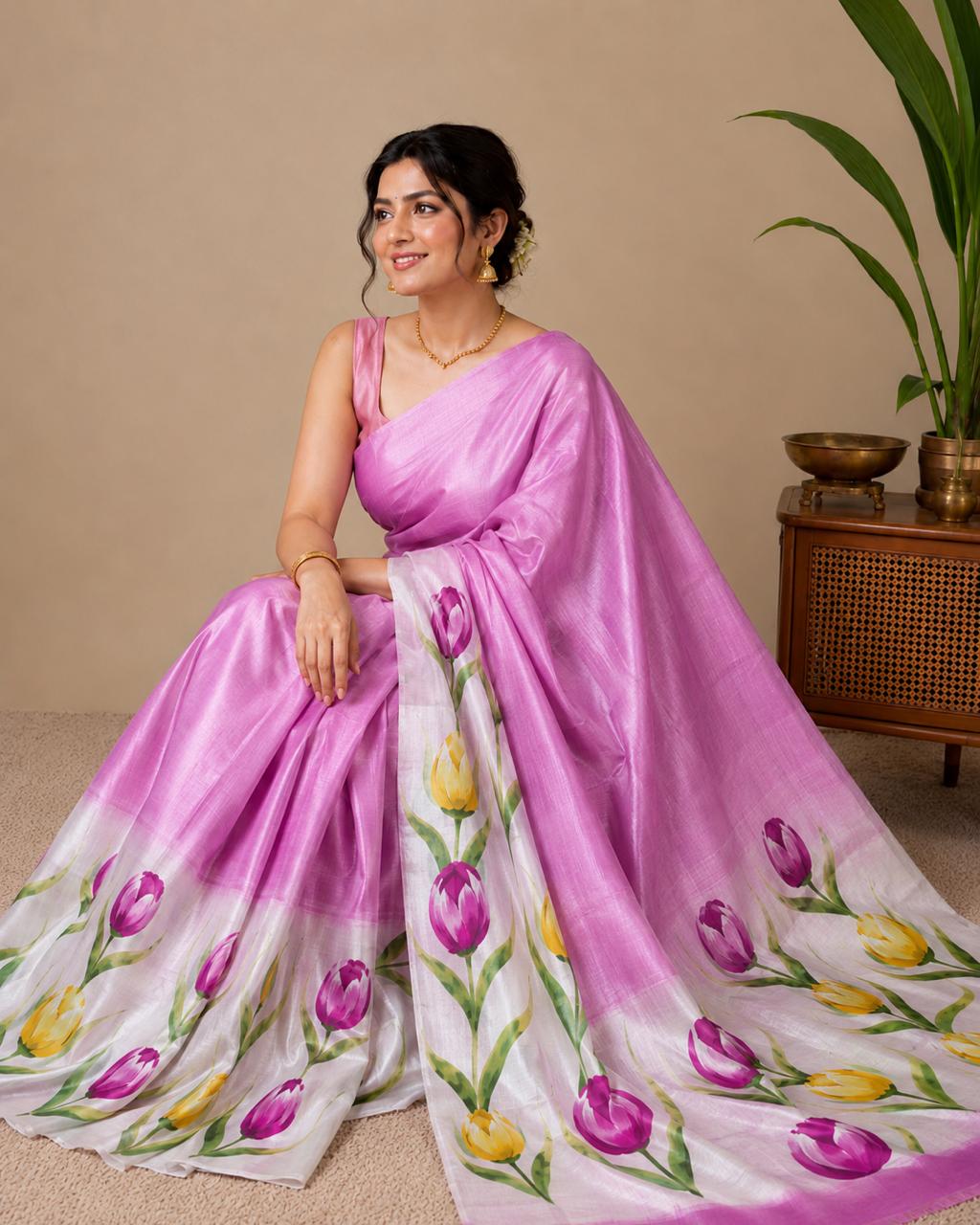 Pink Hand-Painted Tulip & Lotus Pure Silk Saree – Silk Mark Certified