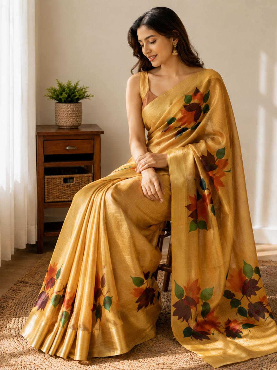 Golden Yellow Hand-Painted Pure Silk Saree – Silk Mark Certified