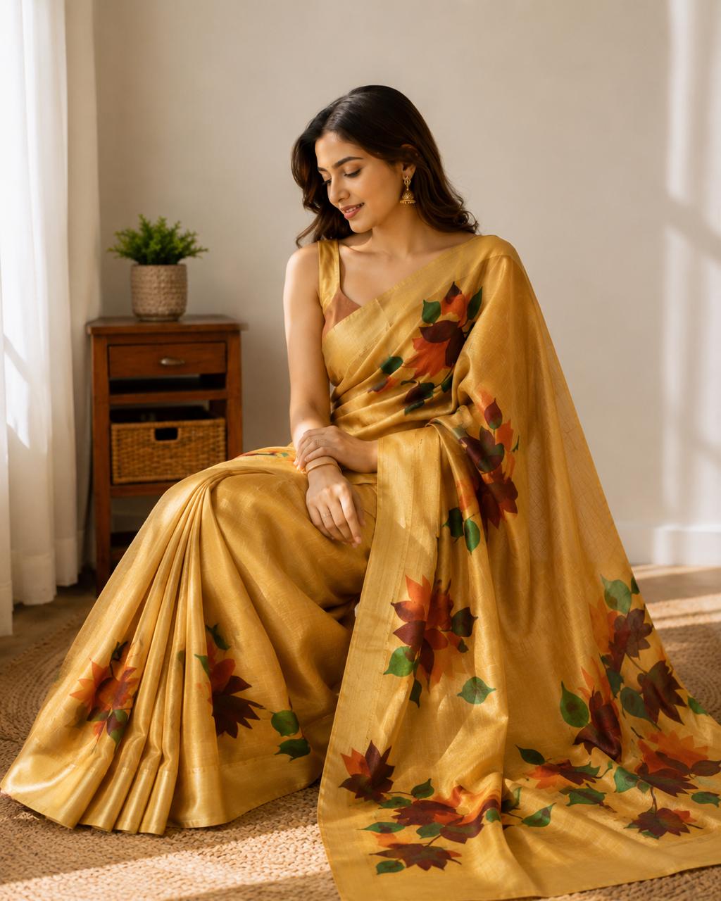 Golden Yellow Hand-Painted Pure Silk Saree – Silk Mark Certified