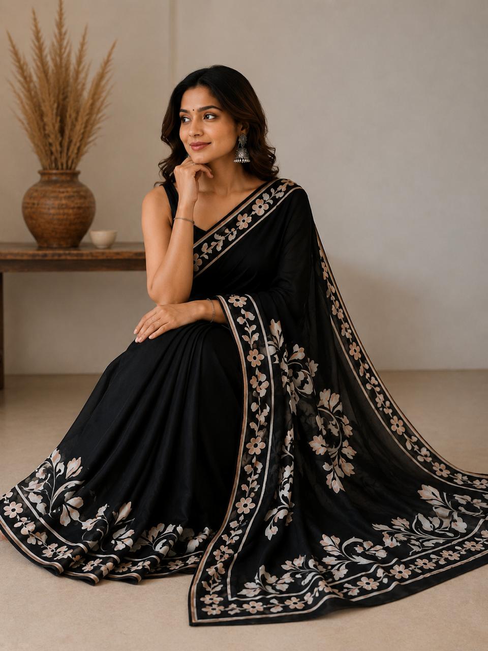 Black Hand-Painted Pure Mulberry Silk Saree – Silk Mark Certified