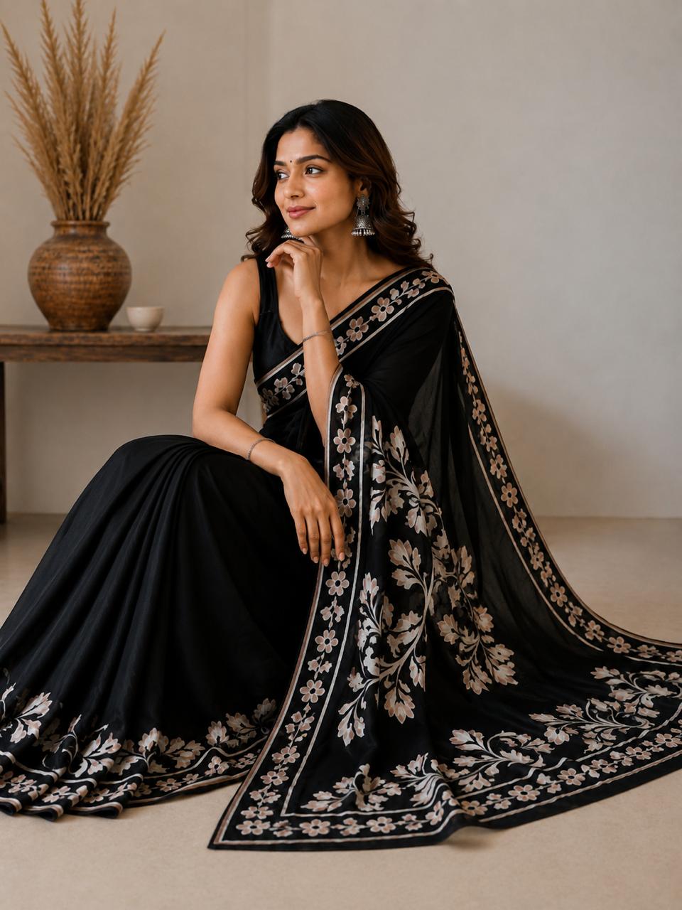 Black Hand-Painted Pure Mulberry Silk Saree – Silk Mark Certified